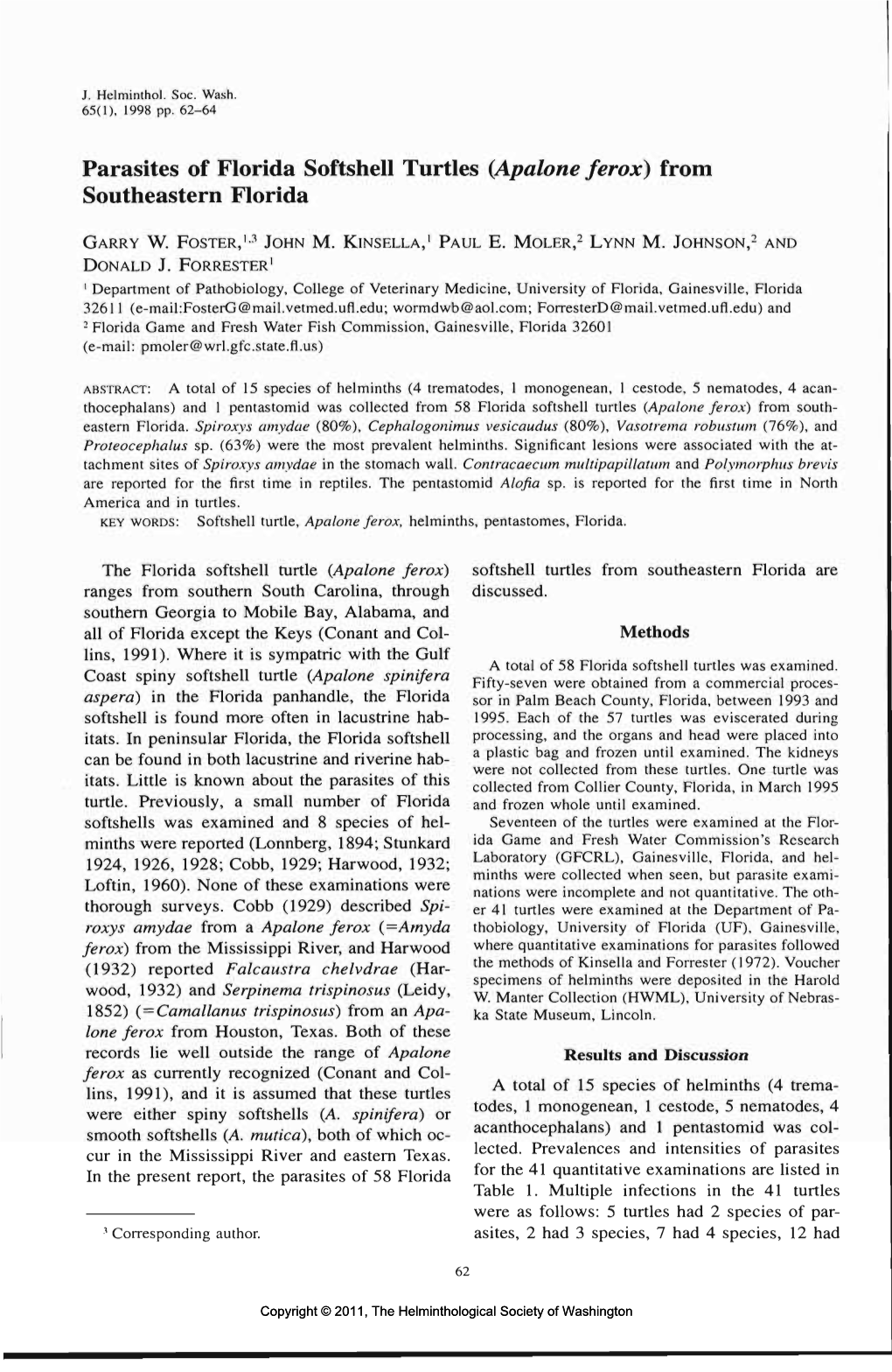 Parasites of Florida Softshell Turtles (Apalone Ferox} from Southeastern Florida