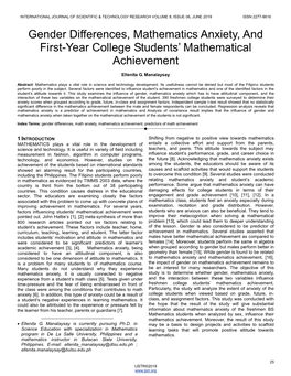 Gender Differences, Mathematics Anxiety, and First-Year College Students’ Mathematical Achievement
