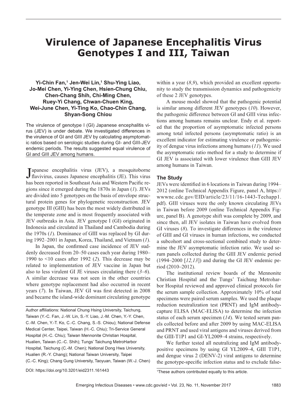 Virulence of Japanese Encephalitis Virus Genotypes I and III, Taiwan