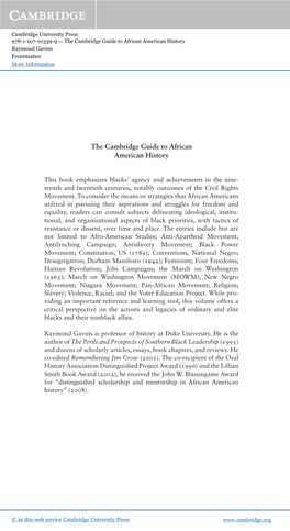 The Cambridge Guide to African American History Raymond Gavins Frontmatter More Information