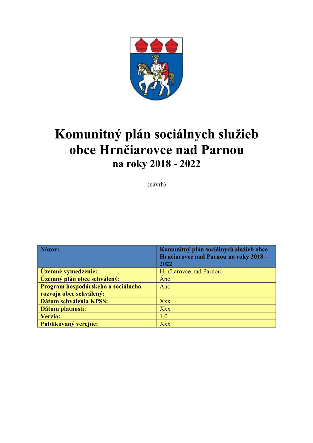 Komunitný Plán Sociálnych Služieb Obce Hrnčiarovce Nad Parnou Na Roky 2018 - 2022