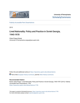 Lived Nationality: Policy and Practice in Soviet Georgia, 1945-1978