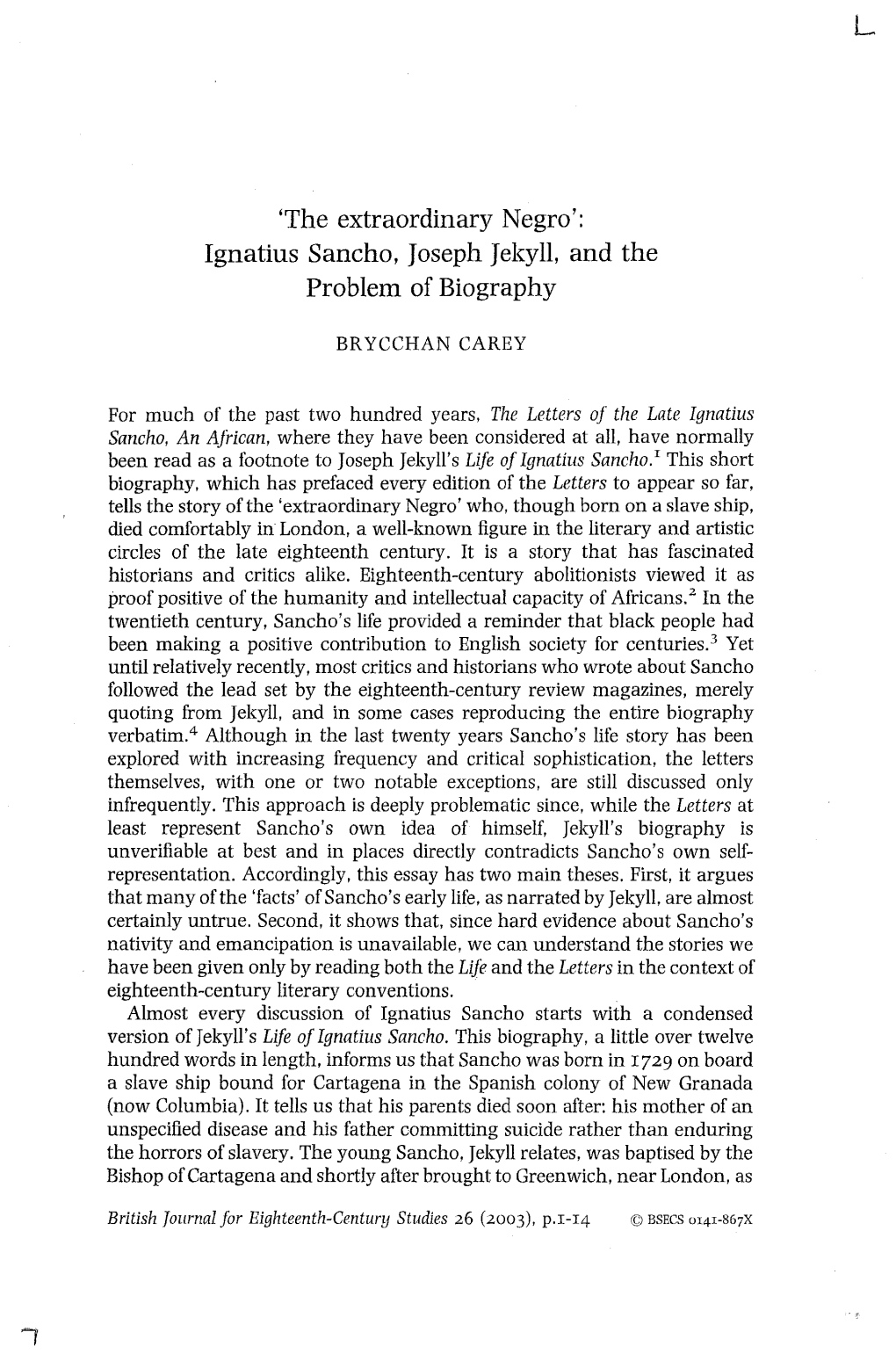 'The Extraordinary Negro': Ignatius Sancho, Joseph Jekyll, and the Problem of Biography