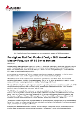 Product Design 2021 Award for Massey Ferguson MF 8S Series Tractors April 01, 2021
