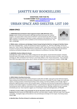 Janette Ray Booksellers Urban Space and Shelter: List