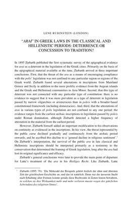 “Arai” in Greek Laws in the Classical and Hellenistic Periods: Deterrence Or Concession to Tradition?
