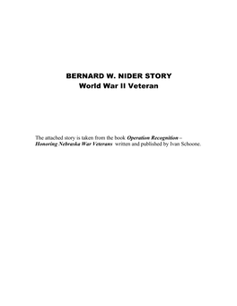 BERNARD W. NIDER STORY World War II Veteran