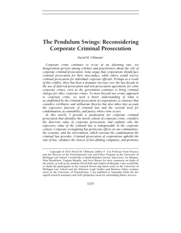 The Pendulum Swings: Reconsidering Corporate Criminal Prosecution