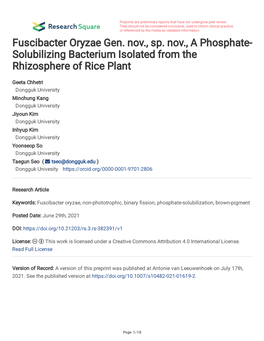Fuscibacter Oryzae Gen. Nov., Sp. Nov., a Phosphate- Solubilizing Bacterium Isolated from the Rhizosphere of Rice Plant