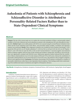 Anhedonia of Patients with Schizophrenia and Schizoaffective