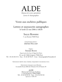 Vente Aux Enchères Publiques Lettres Et Manuscrits Autographes Salle Rossini