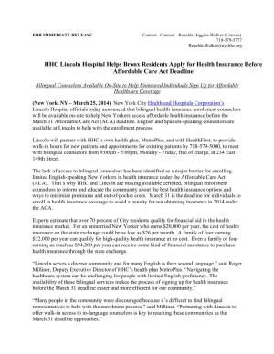 HHC Lincoln Hospital Helps Bronx Residents Apply for Health Insurance Before Affordable Care Act Deadline