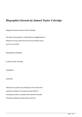 Biographia Literaria by Samuel Taylor Coleridge&lt;/H1&gt;