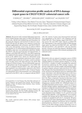 Differential Expression Profile Analysis of DNA Damage Repair Genes in CD133+/CD133‑ Colorectal Cancer Cells