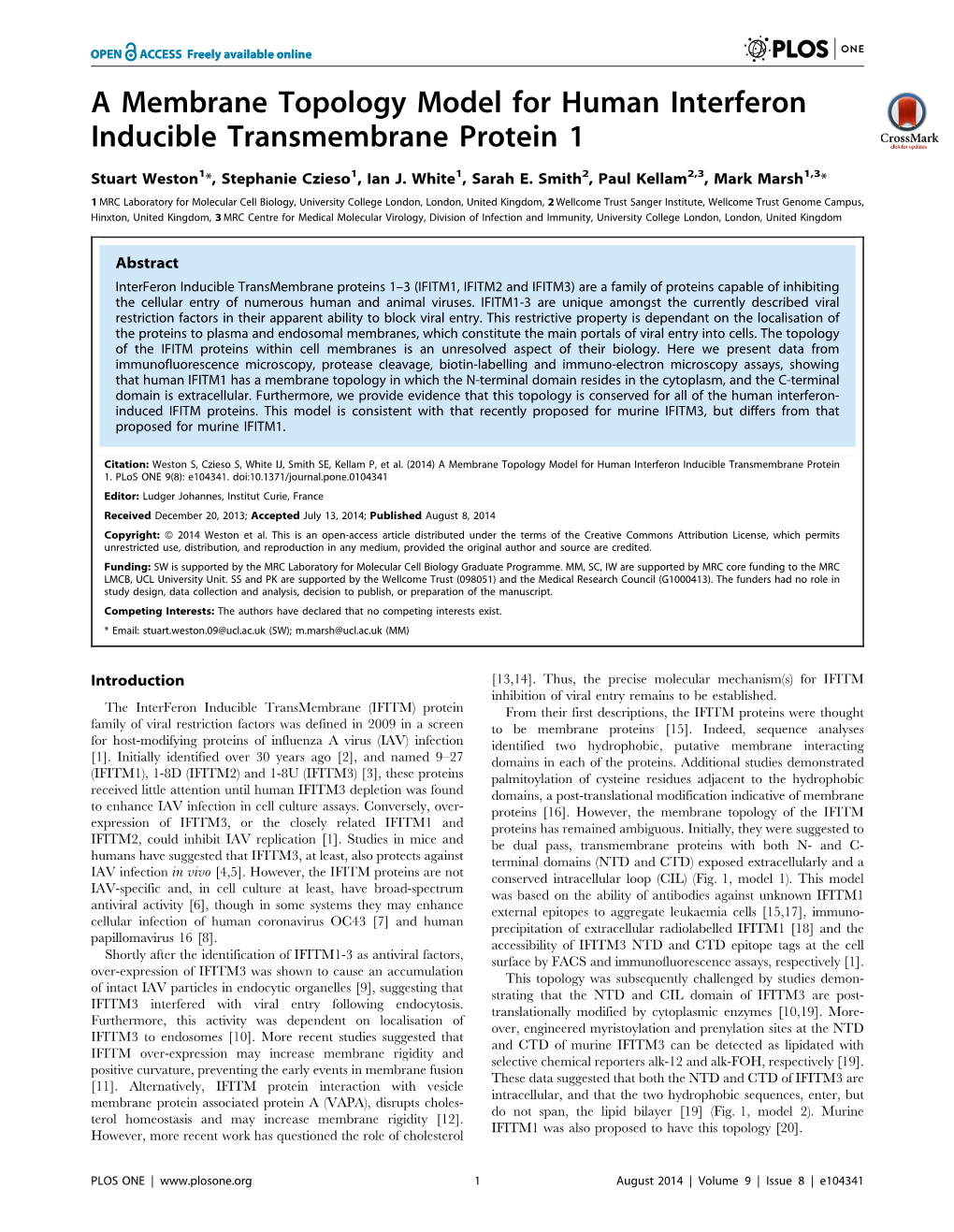 A Membrane Topology Model for Human Interferon Inducible Transmembrane Protein 1