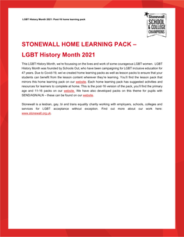 STONEWALL HOME LEARNING PACK – LGBT History Month 2021