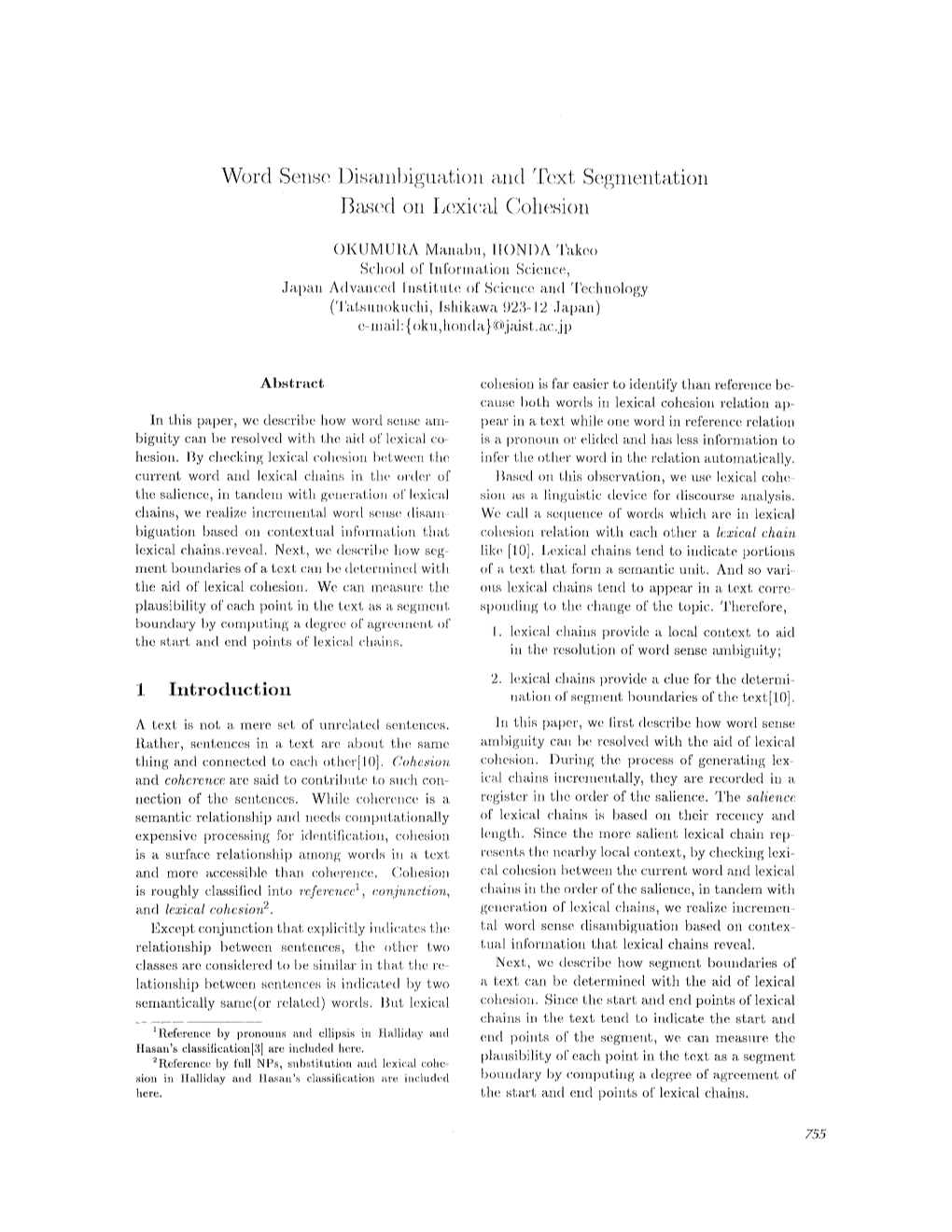 Word Sense Disambiguation and Text Segmentation Based on Lexical