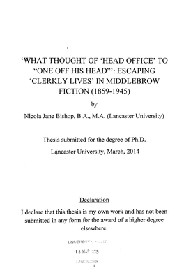 “One Off His Head'”:Escaping 'Clerkly Lives' in Middlebrow Fiction
