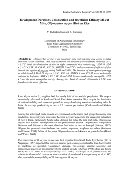 Development Durations, Colonization and Insecticide Efficacy of Leaf Mite, Oligonychus Oryzae Hirst on Rice