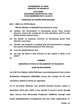 Government of India Ministry of Railways Lok Sabha Unstarred Question No. 4233 to Be Answered on 21.03.2018 Purchase of Power Fr