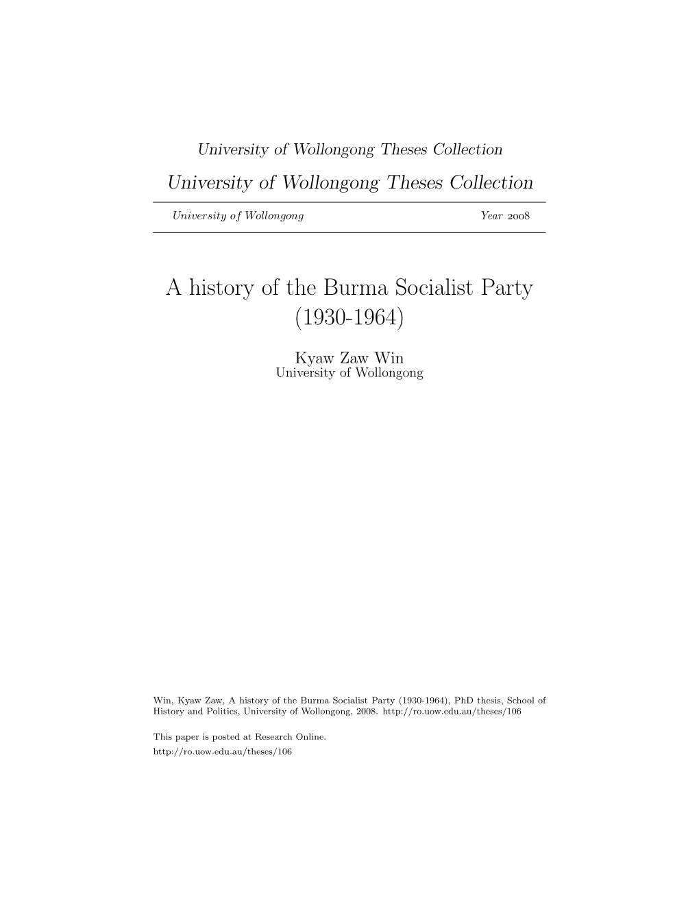 A History of the Burma Socialist Party (1930-1964)