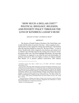 “How Much a Dollar Cost?”1 Political Ideology, Religion, and Poverty Policy Through the Lens of Kendrick Lamar’S Music