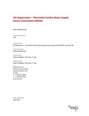 EIA Registration – Thermalite Facility Water Supply Source Assessment (WSSA)
