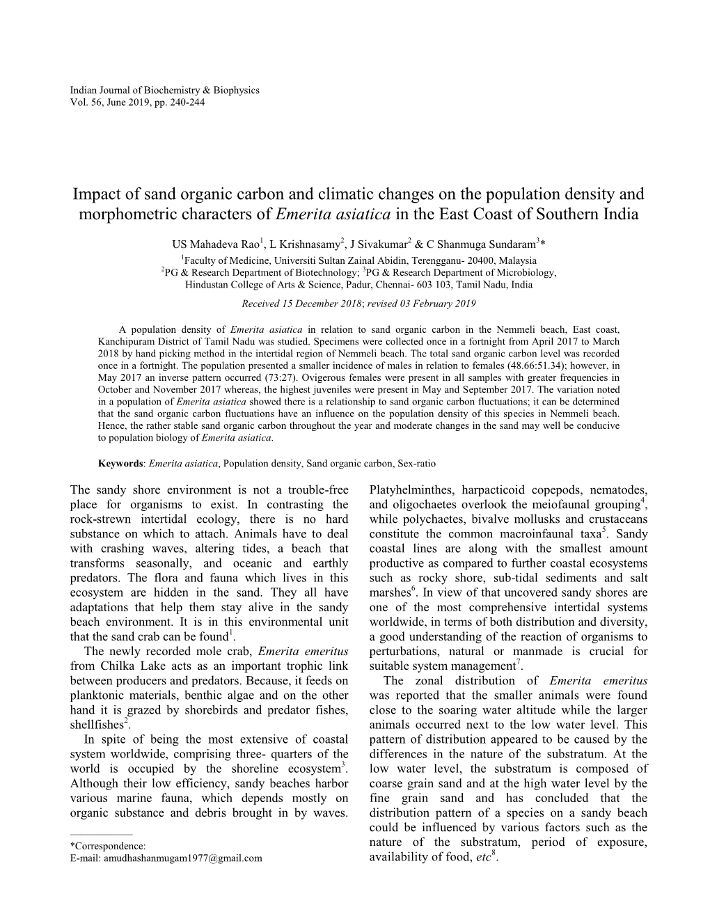 Impact of Sand Organic Carbon and Climatic Changes on the Population Density and Morphometric Characters of Emerita Asiatica in the East Coast of Southern India