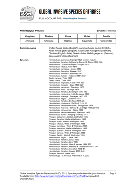 FULL ACCOUNT FOR: Hemidactylus Frenatus Global Invasive Species Database (GISD) 2021. Species Profile Hemidactylus Frenatus