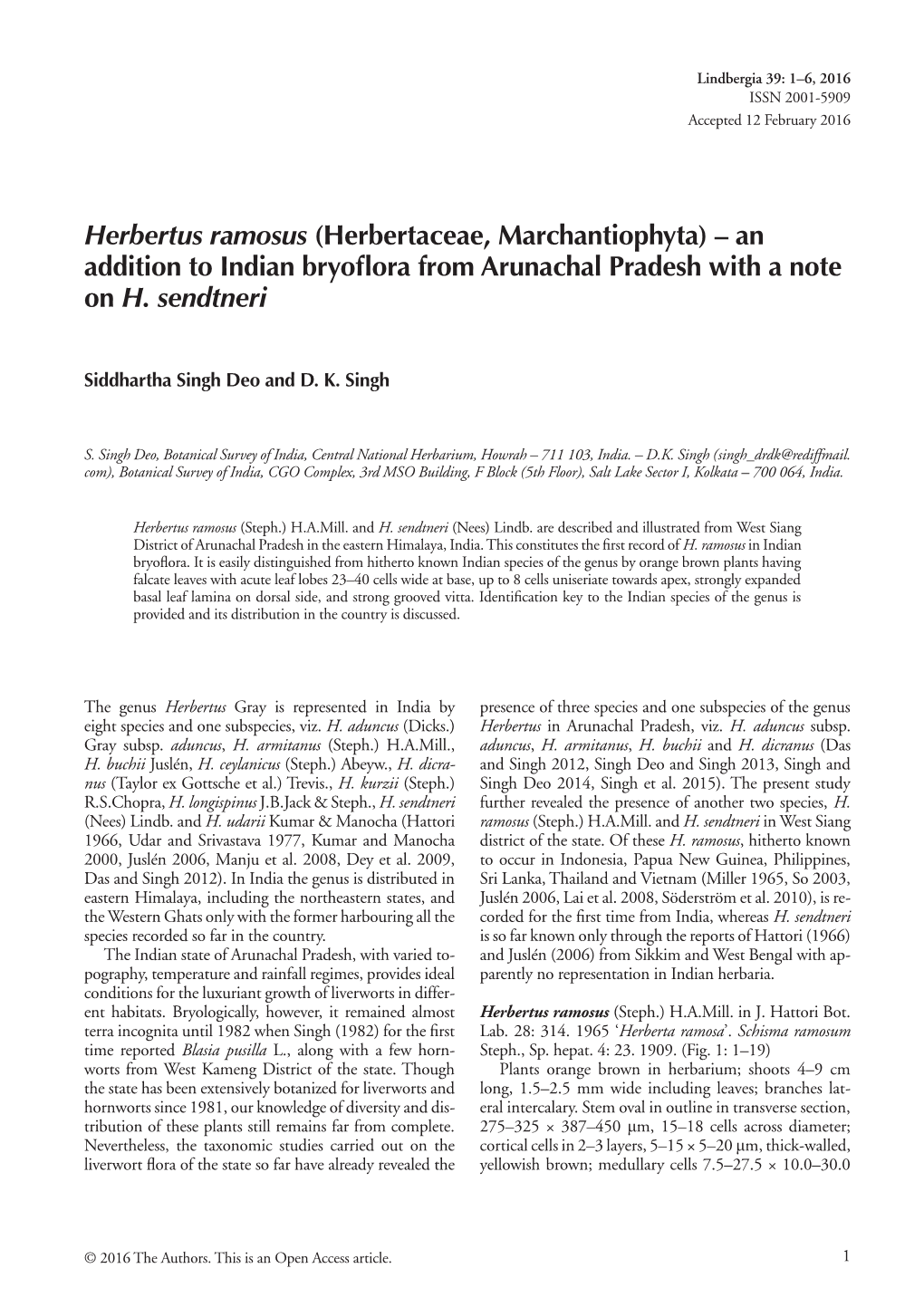 Herbertus Ramosus (Herbertaceae, Marchantiophyta) – an Addition to Indian Bryoflora from Arunachal Pradesh with a Note on H