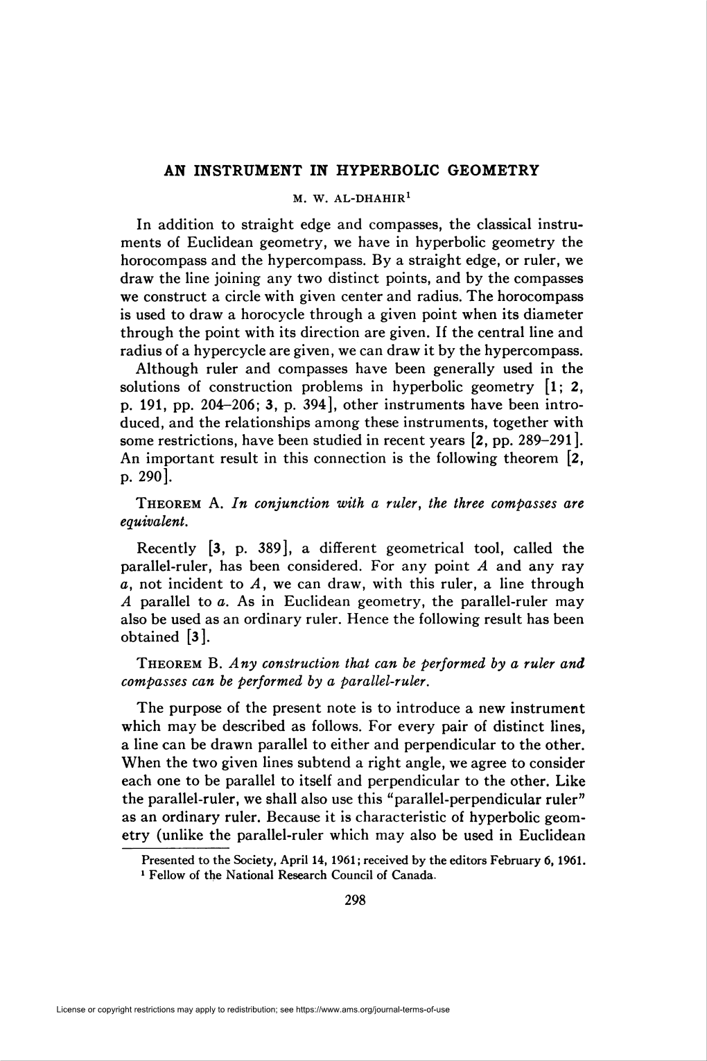 AN INSTRUMENT in HYPERBOLIC GEOMETRY P. 290]