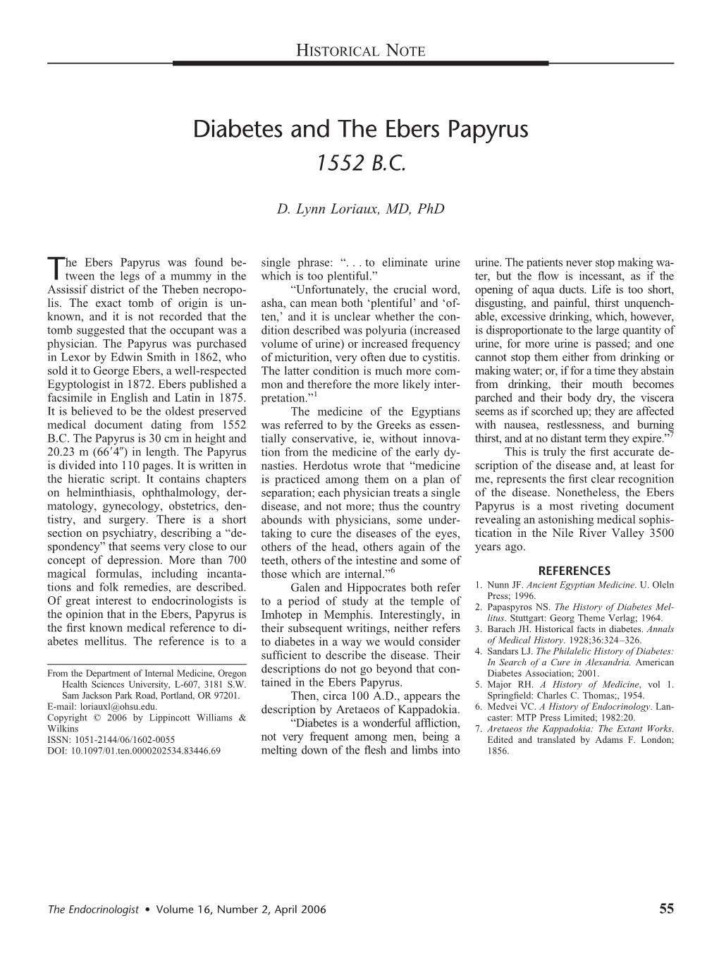 Diabetes and the Ebers Papyrus 1552 B.C