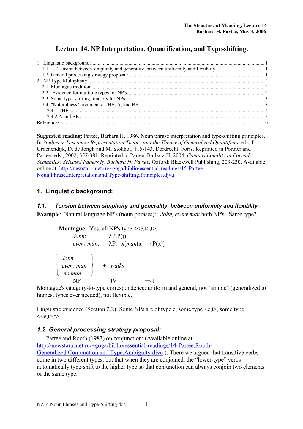 Lecture 14. NP Interpretation, Quantification, and Type-Shifting