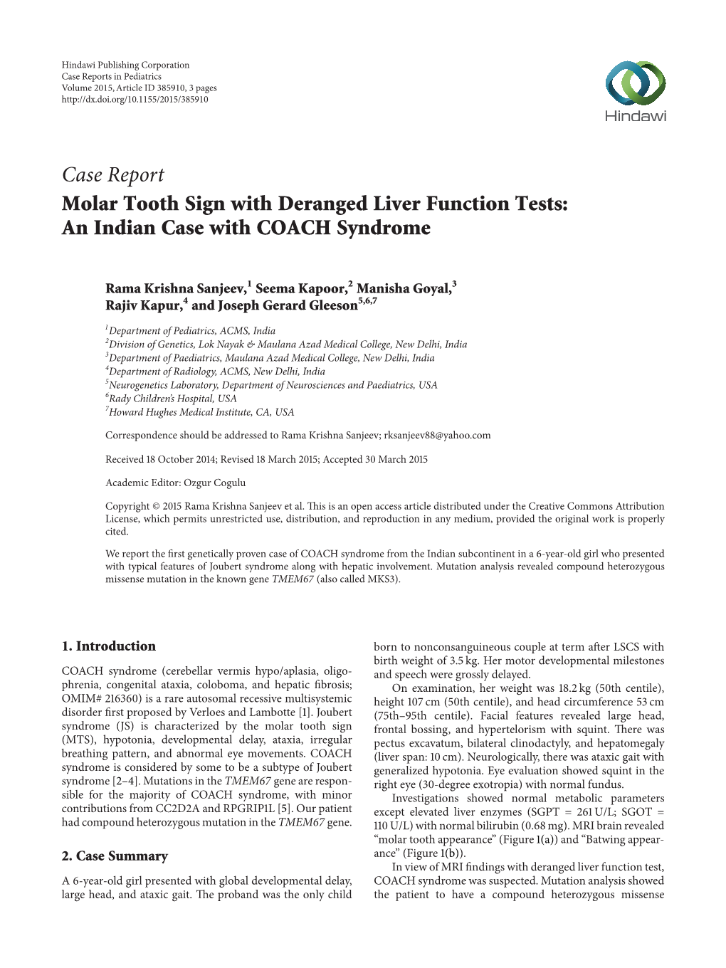 Molar Tooth Sign with Deranged Liver Function Tests: an Indian Case with COACH Syndrome