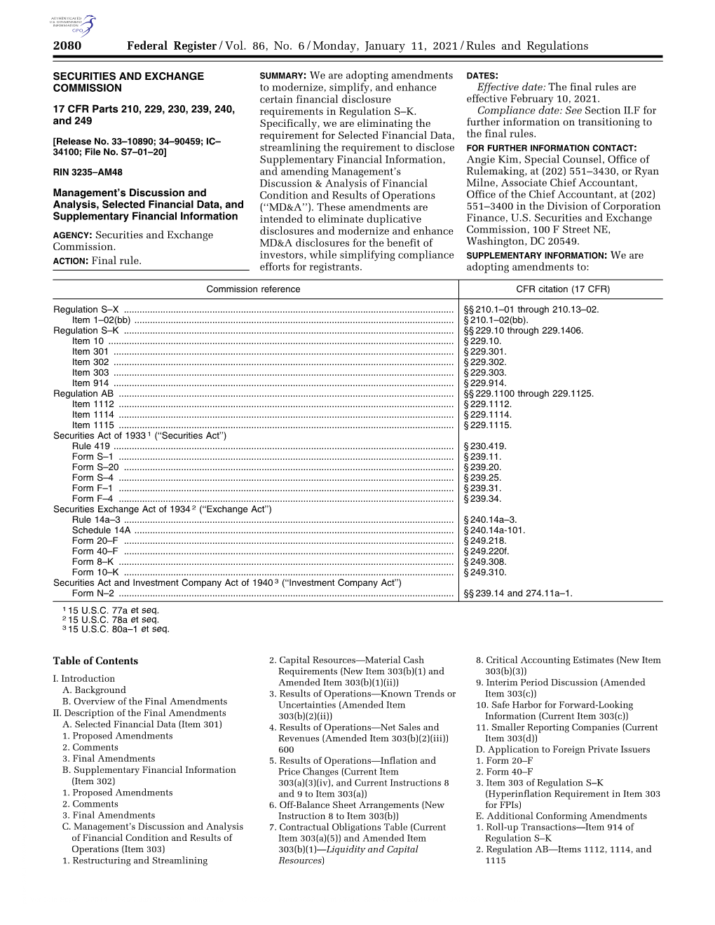 Federal Register/Vol. 86, No. 6/Monday, January 11, 2021/Rules