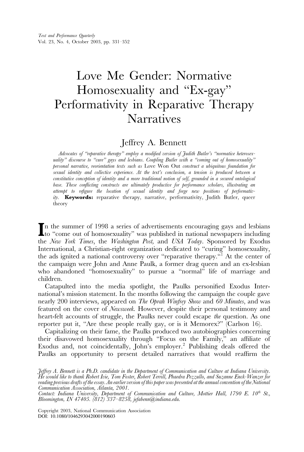 “Ex-Gay” Performativity in Reparative Therapy Narratives