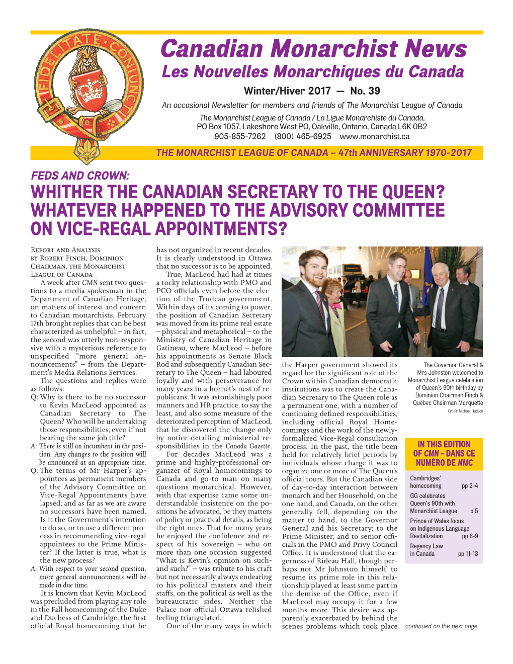 Canadian Monarchist News Les Nouvelles Monarchiques Du Canada Winter/Hiver 2017 — No