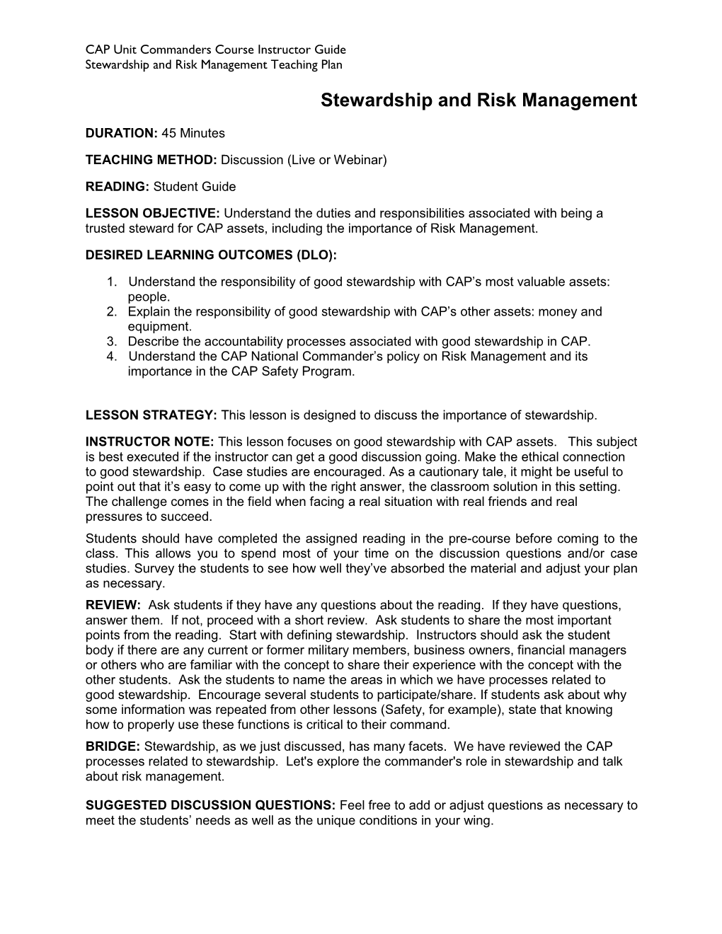 Stewardship and Risk Management Teaching Plan