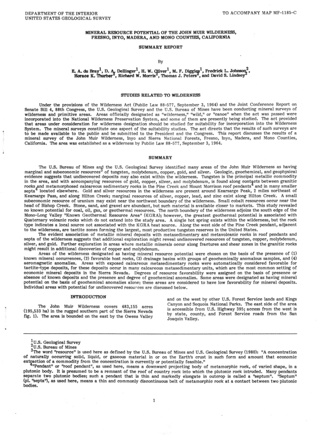 Mineral Resource Potential of the John Muir Wilderness, Fresno, Inyo, Madera, and Mono Counties, California