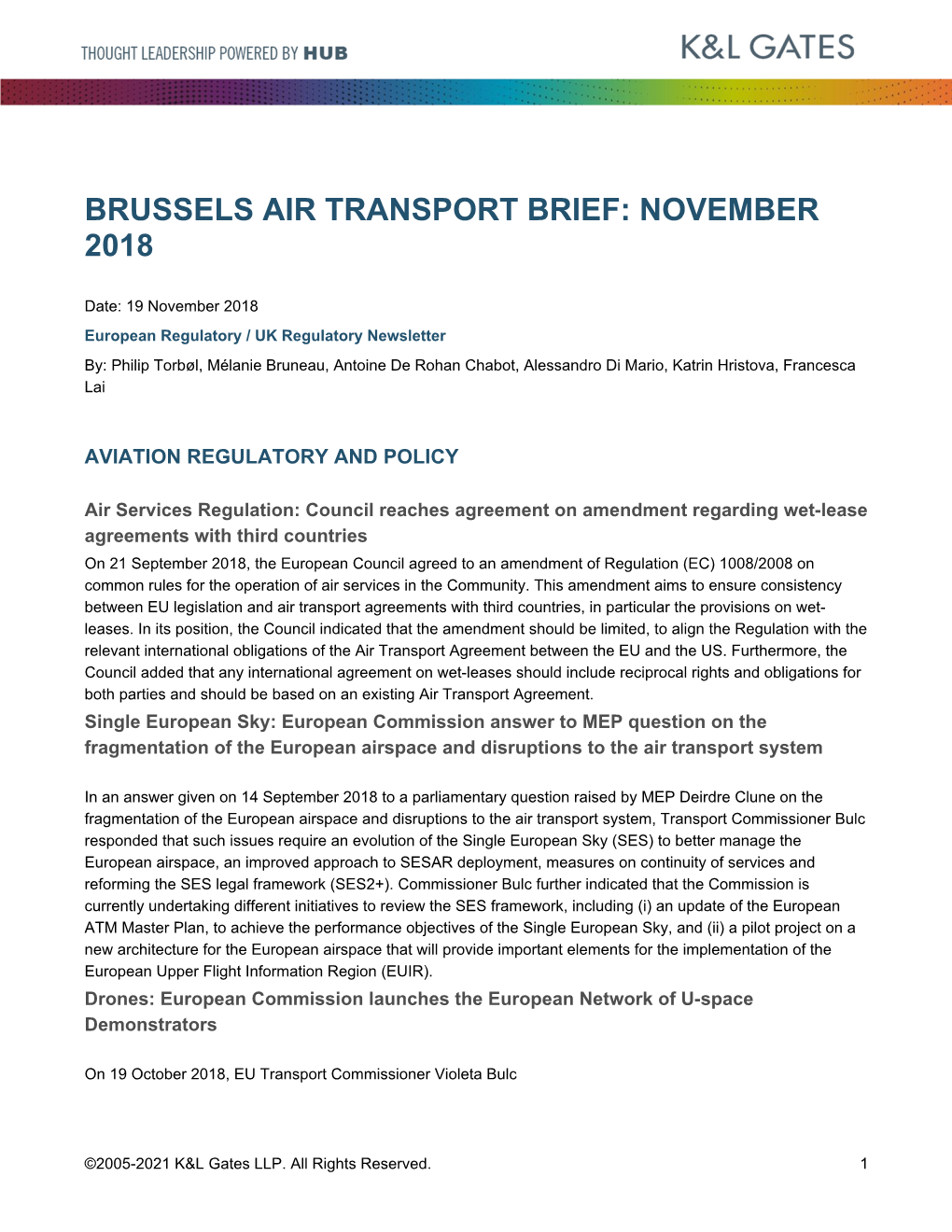 Brussels Air Transport Brief: November 2018