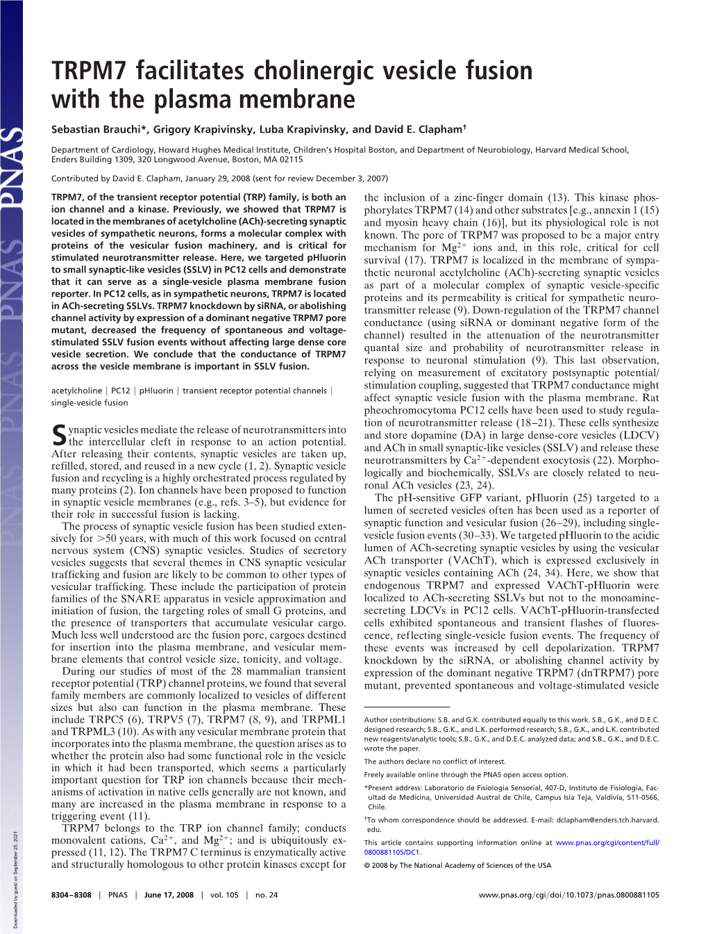 TRPM7 Facilitates Cholinergic Vesicle Fusion with the Plasma Membrane