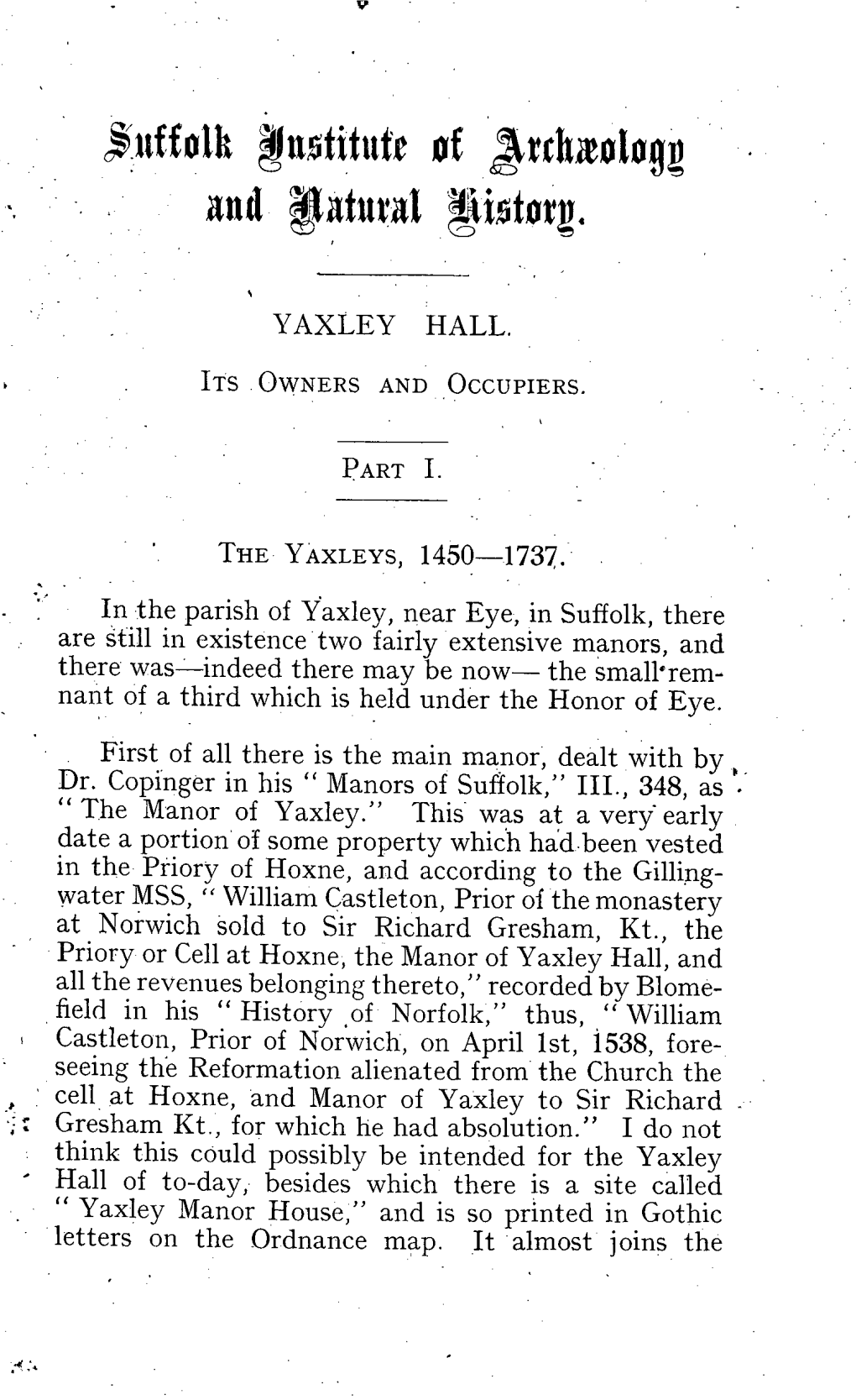 Yaxley Hall. Its Owners and Occupiers. Part I E. Farrer