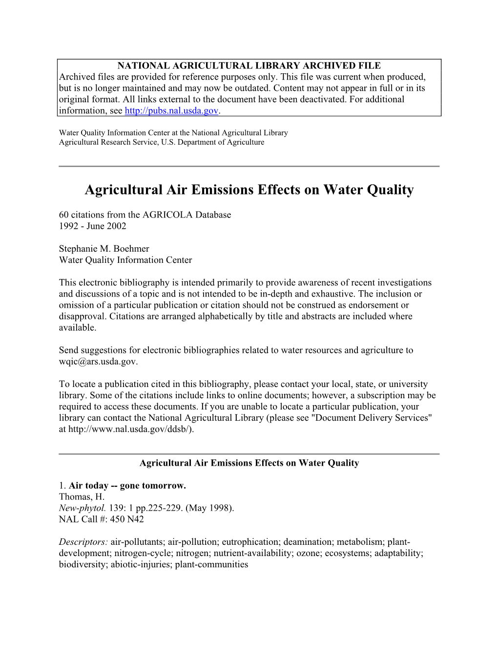 Agricultural Air Emissions Effects on Water Quality