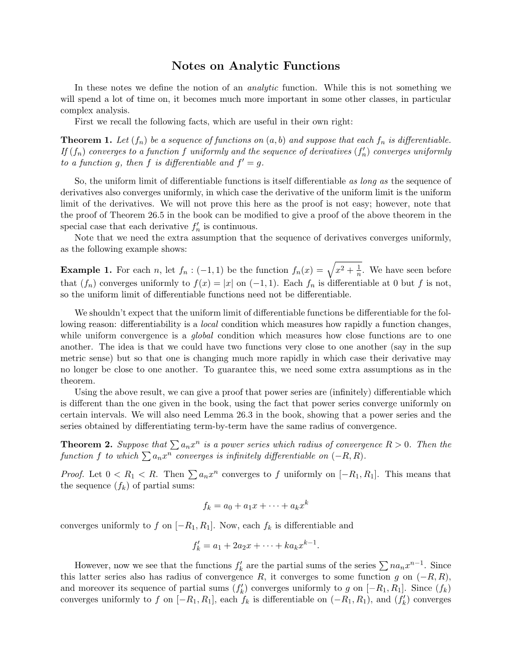 Notes on Analytic Functions