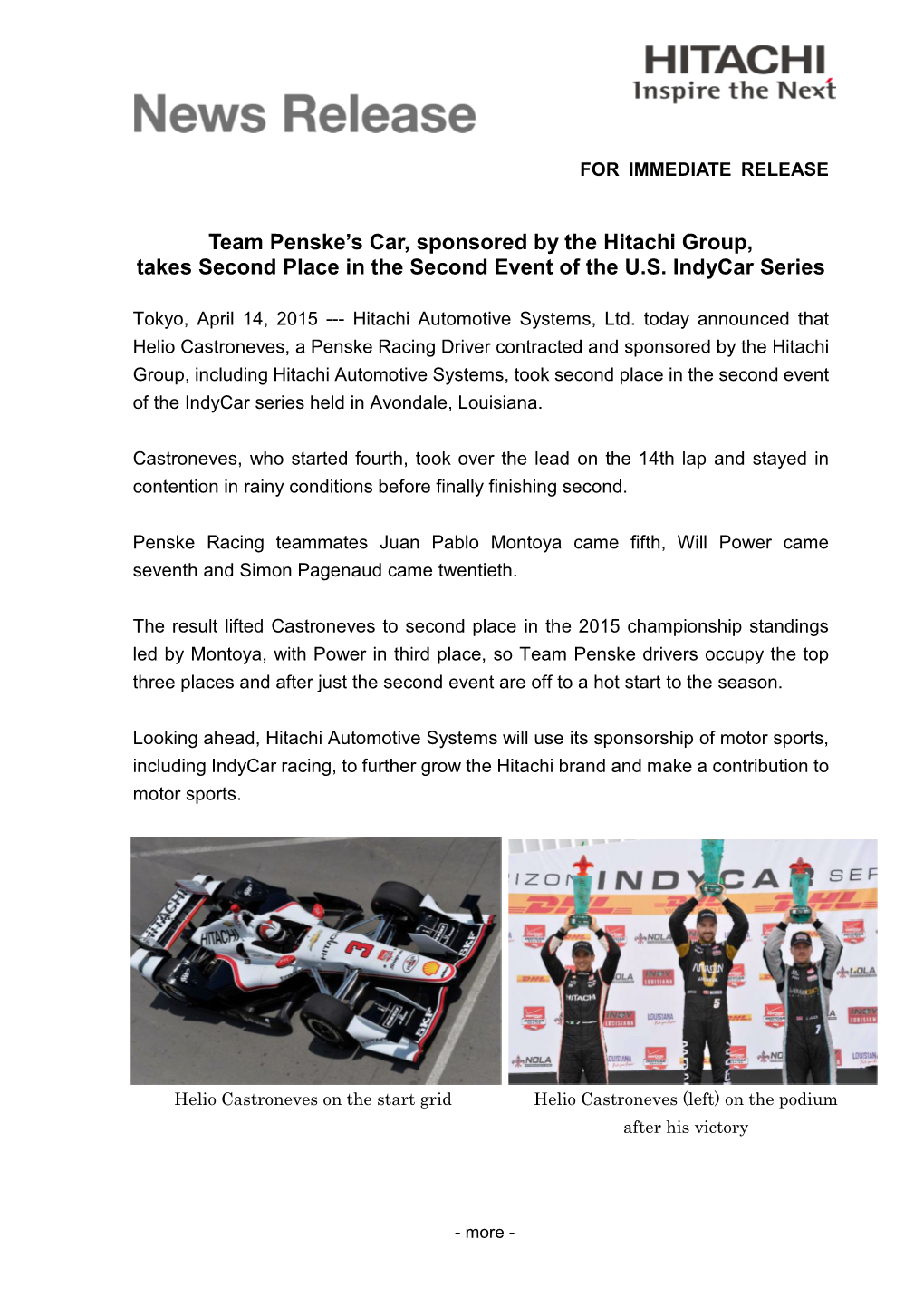Team Penske's Car, Sponsored by the Hitachi Group, Takes Second Place