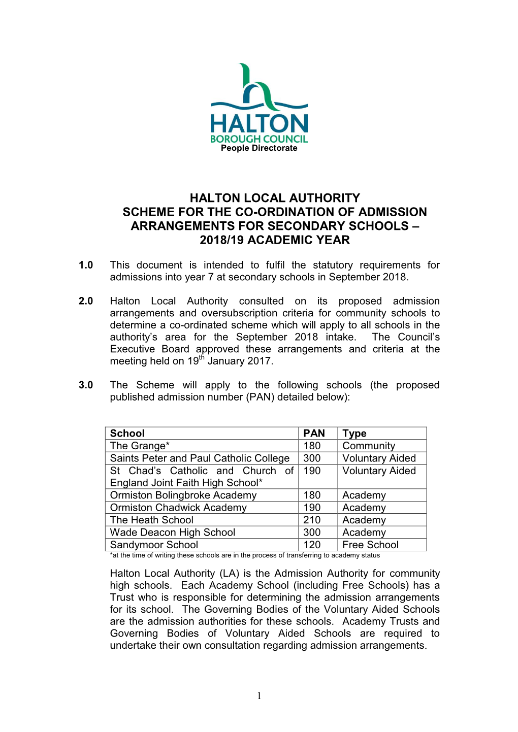 Halton Local Authority Scheme for the Co-Ordination of Admission Arrangements for Secondary Schools – 2018/19 Academic Year