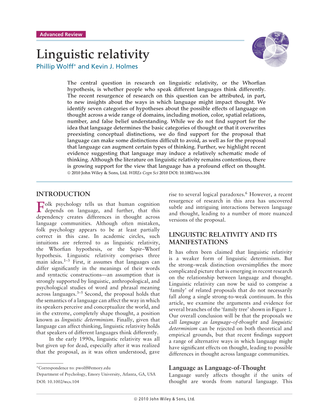 Linguistic Relativity Phillip Wolff∗ and Kevin J