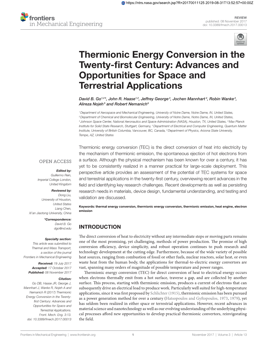 Thermionic Energy Conversion in the Twenty-First Century: Advances and Opportunities for Space and Terrestrial Applications