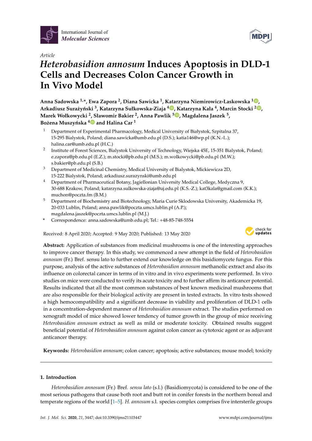 Heterobasidion Annosum Induces Apoptosis in DLD-1 Cells and Decreases Colon Cancer Growth in in Vivo Model