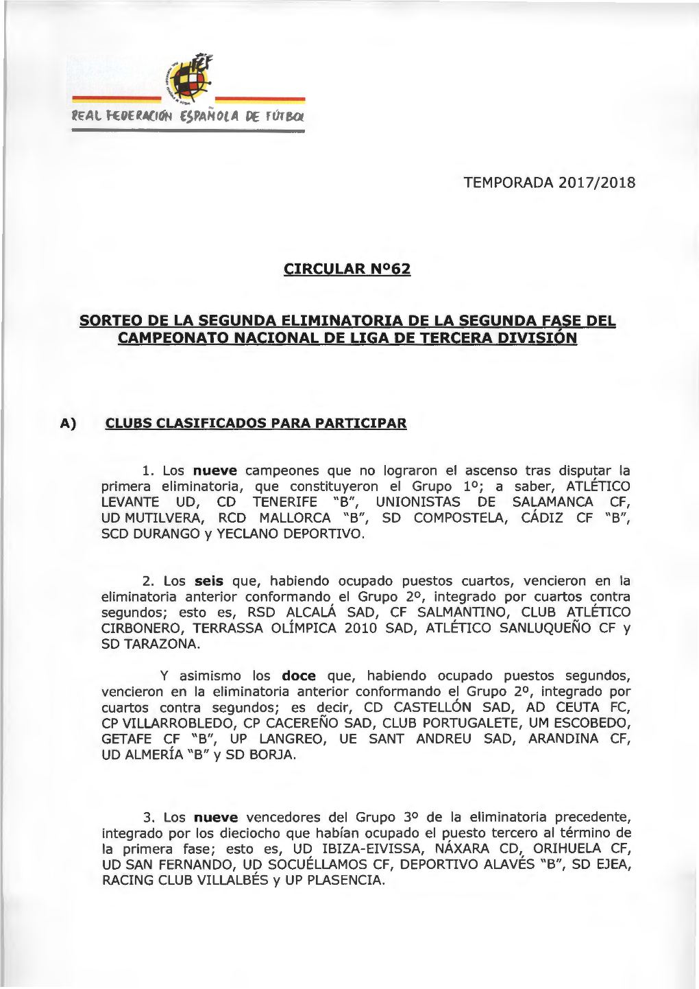 Temporada 2017 /2018 Circular Nº62 Sorteo De La Segunda